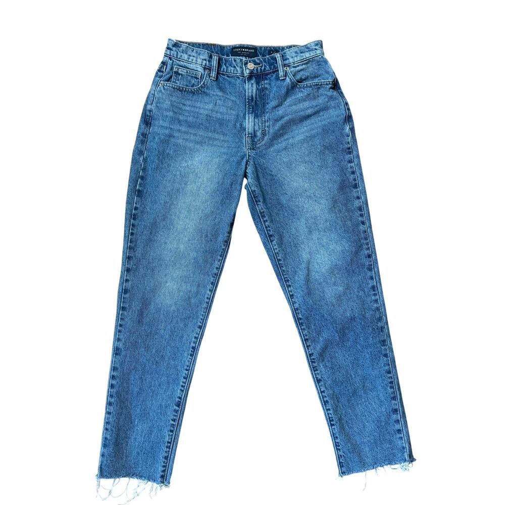 Lucky Brand High Rise Ankle Mom Jean Drew SZ 4/27 Med Wash Raw Hem Boho Classic